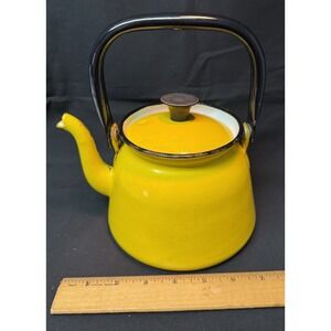 Vintage Retro Gooseneck Enamelware Yellow & Black Tea Kettle 4-Cups Read Note